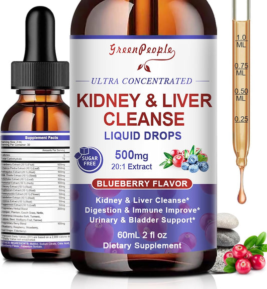 27-in-1 Kidney Cleanse Detox & Repair Drops - 20:1 Cranberry Extract & Chanca Piedra - Urinary Tract & Liver Cleanse - Vegan Kidney Support Supplement - Alcohol-Free, Non-GMO (2 Oz 1 Pack)