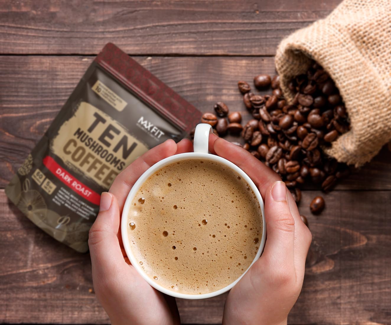 Instant Mushroom Coffee Dark Roast (60 Servings) With 10 Mushrooms (Lions Mane, Cordyceps, Turkey Tail & Other) Mixed With Gourmet 100% Arabica Instant Coffee for Focus & Gut Health Support