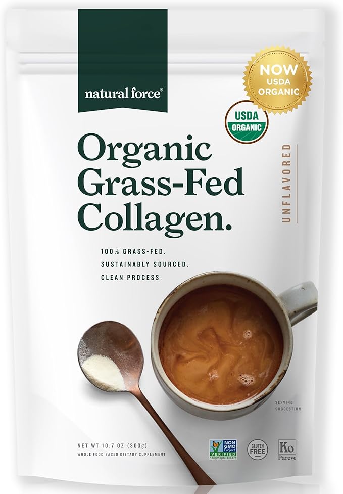 Natural Force Organic Clean Collagen Peptides Powder - USDA Certified Organic & Non-GMO, Keto & Paleo Certified - Hydrolyzed Type I & III Protein Powder with Essential Amino Acids – Unflavored, 10.7oz