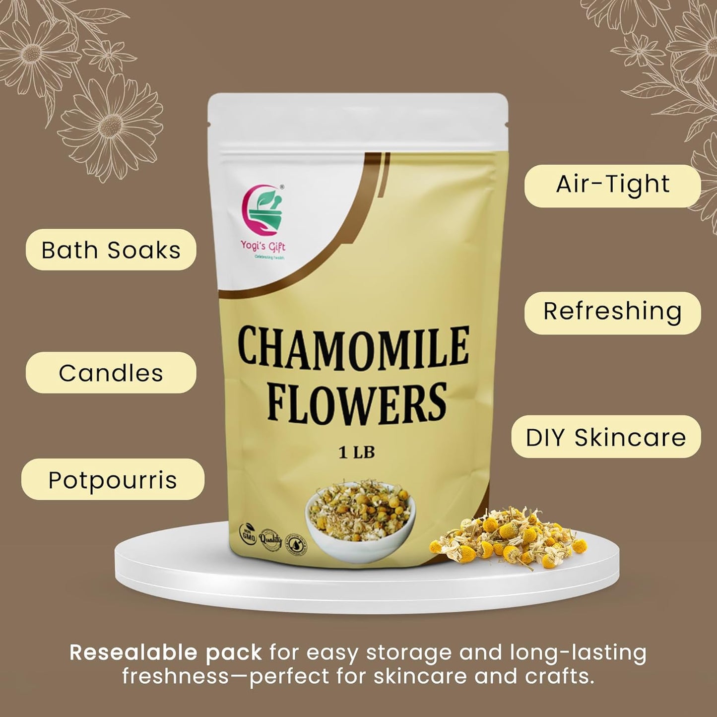Chamomile Flowers 1 LB, 100% Natural Loose Leaf Chamomile Tea, Whole Dried Flowers for Herbal Tea, 1 LB Bulk Pack, Resealable Bag for Freshness - By Yogi’s Gift®
