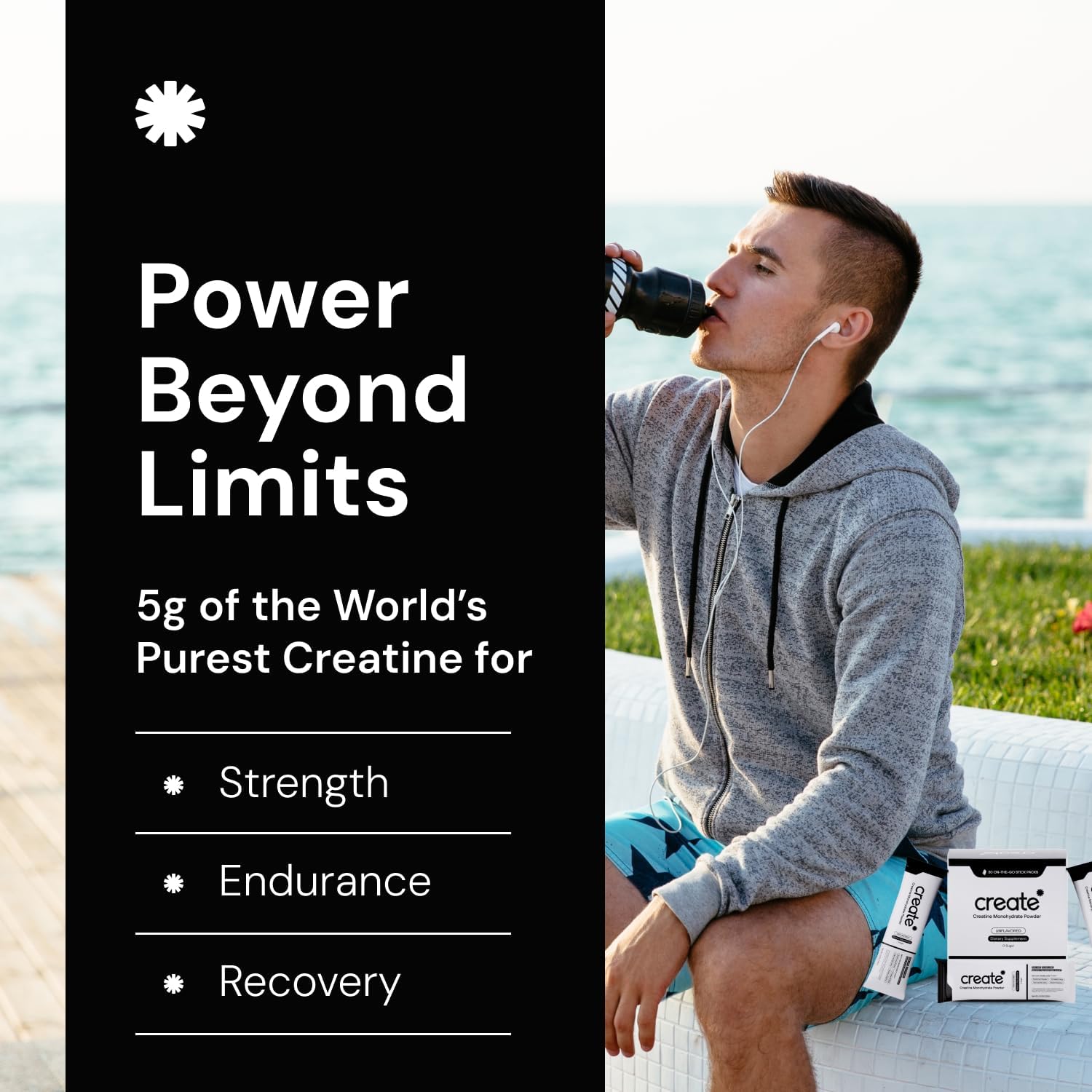 Create Single Serve Creatine Monohydrate Powder – 5g Creapure Creatine | Redefining Strength, Energy & Recovery | Sugar-Free, Vegan, Non-GMO | Unflavored, Lightly Sweetened, 0 Calories | 30 Packets