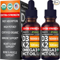 (2 Pack) Extra Strength Organic Vitamin D3 K2 Drops with MCT Oil, Omega 3, 10000 IU - Vitamin D Liquid, No Fillers, Non-GMO D3 for Faster Absorption and Immunity, Unflavored - (2 Fl Oz, 60 Servings)