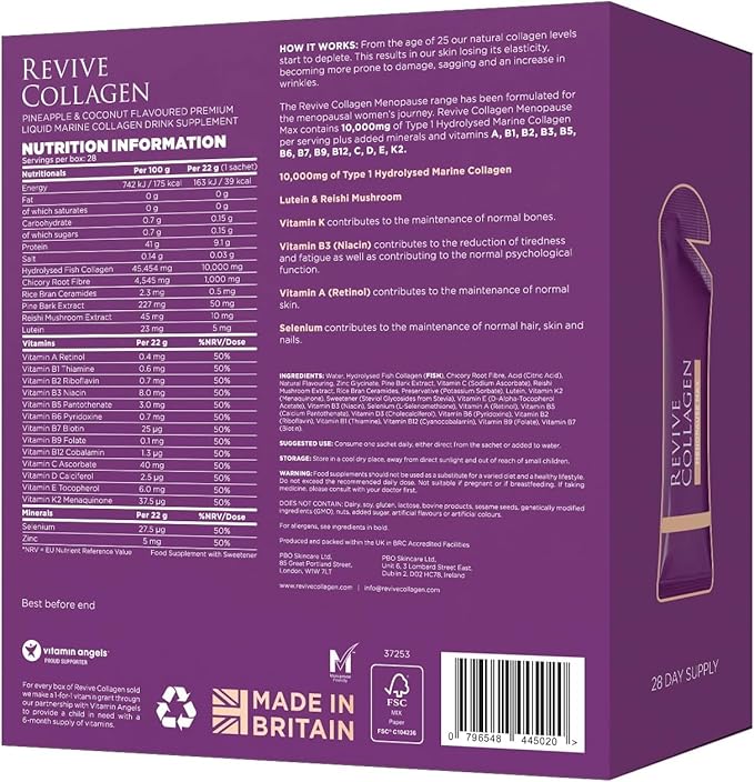 Revive Collagen Menopause Max — Hydrolyzed Marine Collagen Drink for Women, 10,000MG, Lutein, Reishi Mushroom, Vitamin B6, B12, C & D, for Skin & Eye Health, Pineapple & Coconut Flavour — 28 Sachets