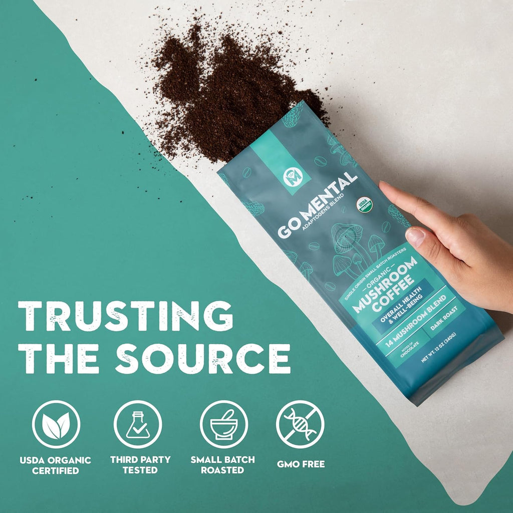 Organic 14 Mushroom Coffee Blend Dark Roast, Organic Lion's Mane, Chaga, Red Reishi and more, Chocolate Notes, Enhances Overall Health, Immune Support And Wellbeing, Ground 12 oz Bag (2 Pack)