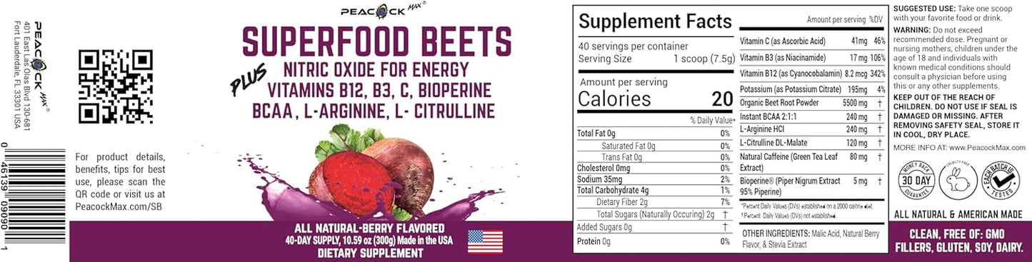 Superfood Beets Powder, 10.59oz 40 Servings - Beetroot Powder Organic Beet Root Blend with Green Tea & Berry Flavor, Non-GMO, Plant-Based Drink Mix