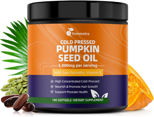 Pumpkin Seed Oil with Saw Palmetto Capsules, High Concentrated Pumpkin Seeds Oil Supplement, Cold Pressed, Supports Hair, Urinary, Bladder & Prostate Health, Vegan, Non-GMO, 180 Softgels