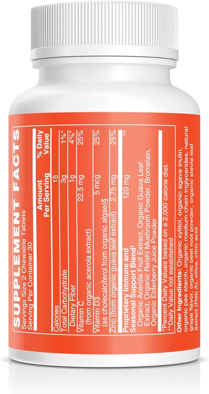Kids Immune Support Chewables – USDA Organic – Vitamin C, D3, Zinc Supplements & Elderberry – Vegan, Non-GMO, Gluten Free – Seasonal Immune Defense for Children Ages 4+ – 60 Count