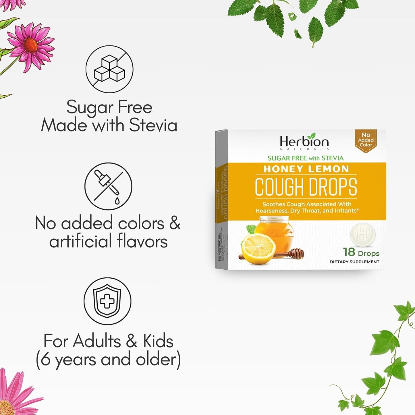 HERBION Naturals Cough Drops, Sugar-Free with Stevia, Dietary Supplement, Soothes Cough, for Adults & Children Over 6 Years, 25 Drops Each, 108 Count, Honey Lemon, Pack of 6