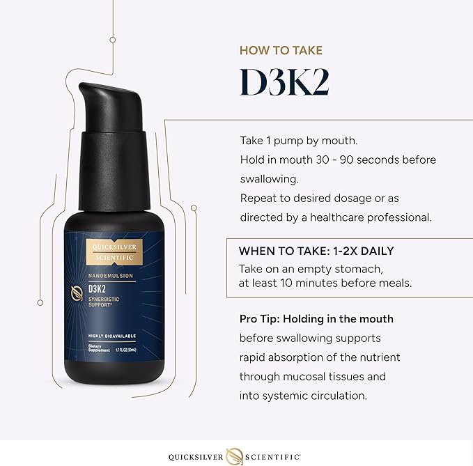 Quicksilver Scientific Nanoemulsified D3K2 - Emulsified Liquid Vitamin D3 + K2 MK7 Liposomal Supplement for Heart, Bone Health + Immune Support - Bioactive 2500IU for Enhanced Absorption (1.7oz/50ml)