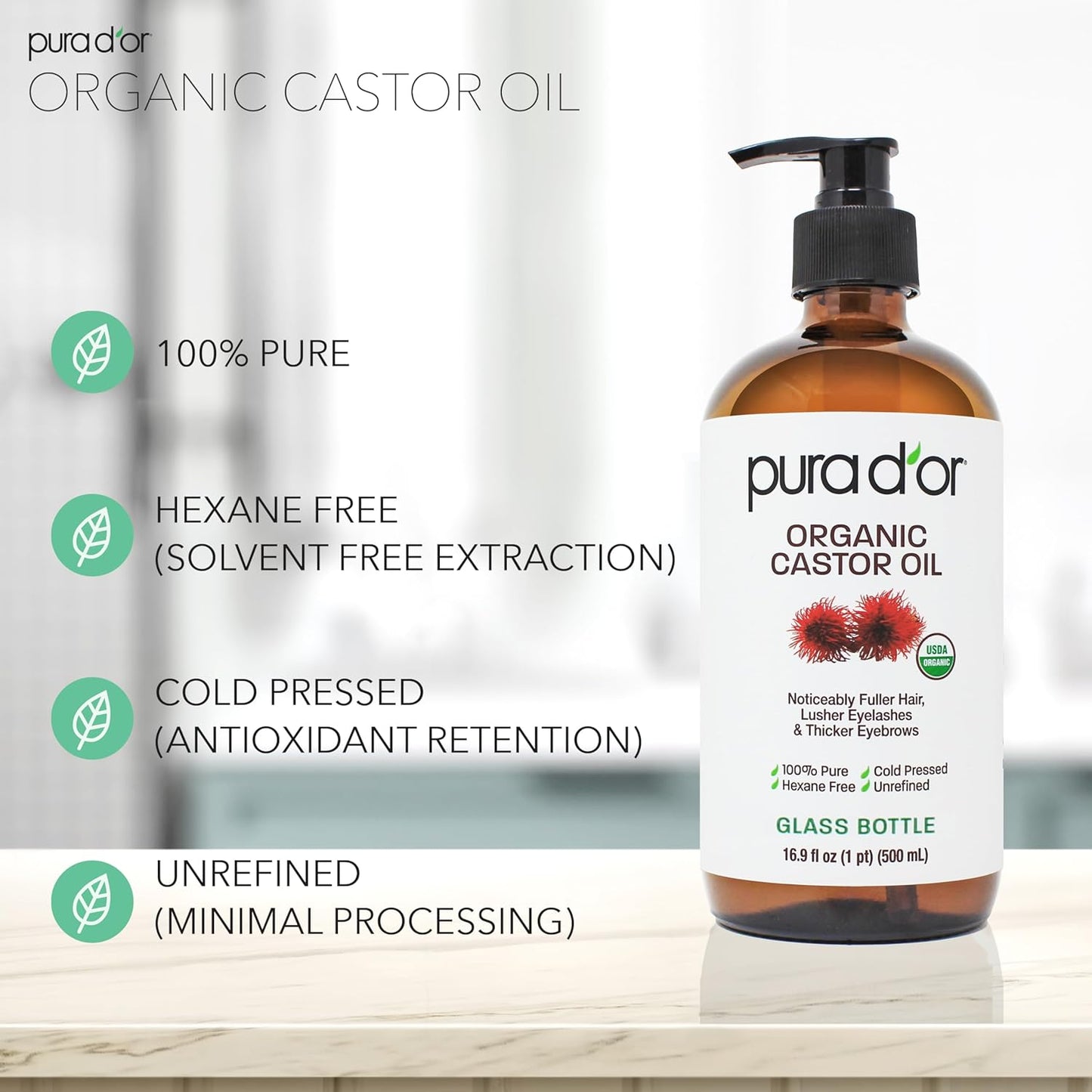 PURA D'OR 16.9 oz Organic Castor Oil (GLASS BOTTLE) Pure Cold-Pressed Hexane-Free USDA Certified – Lashes Brows Hair Scalp Skin – Botanical Moisturizer for Softness Strength Hydration Shine Radiance
