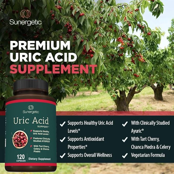 Sunergetic Premium Uric Acid Support Supplement – Uric Acid Cleanse & Kidney Support – Includes Tart Cherry, Chanca Piedra, Celery Extract & Turmeric - 120 Capsules
