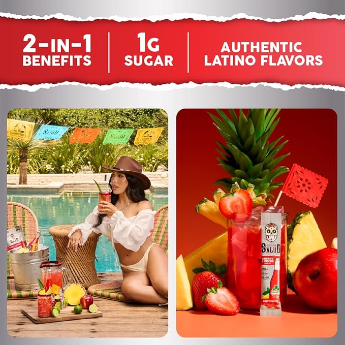 Salud x Jarritos 2-in-1 Energy Drink Powder + Focus, Fruit Punch, Organic Caffeine, B6 + B12, Theanine, Clean Energy Drink Packets, Agua Fresca Mix, Non-GMO, Gluten Free, 1g of Sugar, (15 Servings)