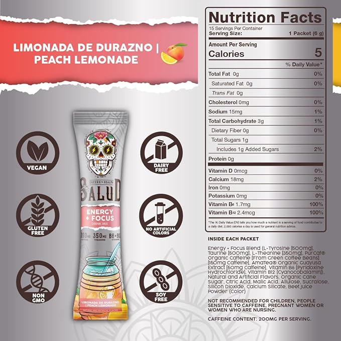 Salud 2-in-1 Energy Drink Powder + Focus, Peach Lemonade, Organic Caffeine, B6 + B12, Theanine, Clean Energy Drink Packets, Agua Fresca Mix, Non-GMO, Gluten Free, Vegan, 1g of Sugar, (15 Servings)