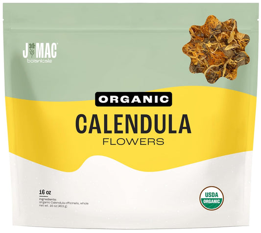 J Mac Botanicals, Organic Calendula Flower (16 ounce), whole dried flowers and petals, loose leaf tea, marigold flower, USDA Certified Organic. Great for loose leaf teas, cocktail bombs, salve