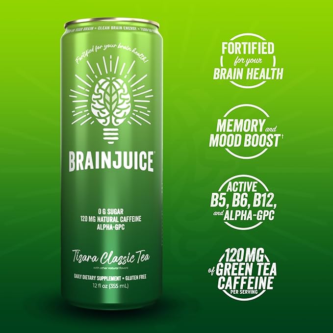 BrainJuice Brain Health Support Drink for Energy & Focus, Vitamin C, B5, B6 & B12, L Theanine, Alpha GPC & Natural Caffeine from Green Tea, Vegan, Gluten Free, Tisara Classic Tea, 12 Oz Can, 6 Pack