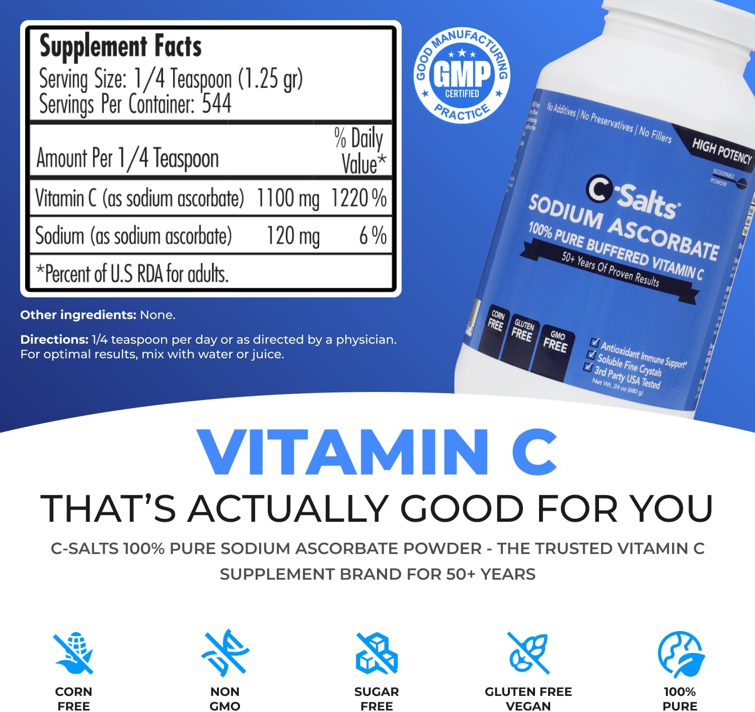 C-Salts Pure Sodium Ascorbate Vitamin C Powder - Non-Acidic Sugar-Free Buffered Powdered Drink for Hydration & Immune Support - Antioxidant for Overall Wellness - Perfect for Drinks or Recipes - 24 oz