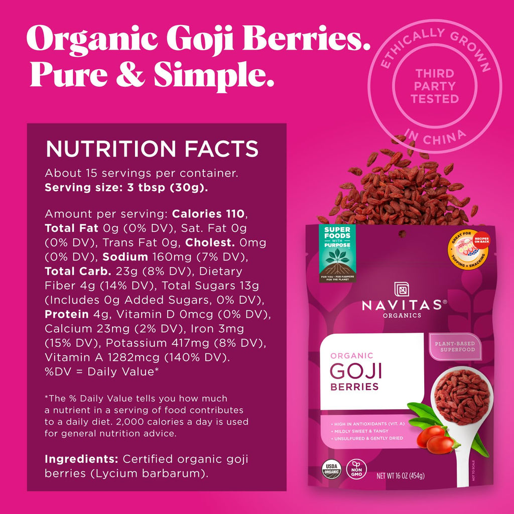 Navitas Organics Goji Berries – For Smoothies, Trail Mix, Baked Goods, Oatmeal & More – Vitamin A, Antioxidants, Fiber – Wolfberry - USDA Organic, Non GMO, Gluten Free, Vegan (16oz. Bag, 15 Servings)