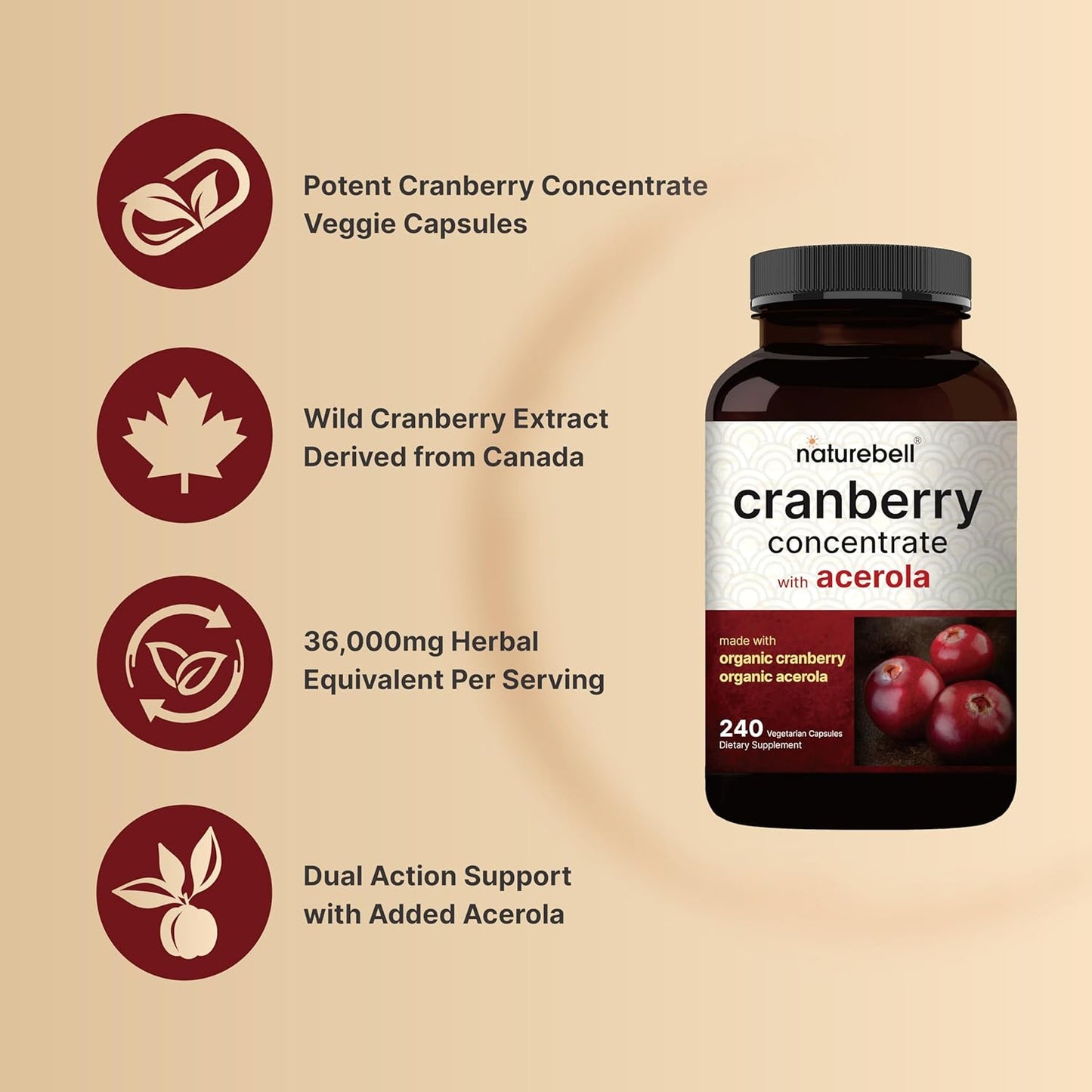 Naturebell Cranberry Pills 36,000mg with Acerola, 240 Veggie Capsules | 100:1 Fresh Cranberries Extract – Organic Ingredients – Supports Urinary Tract Health – Sugar-Free