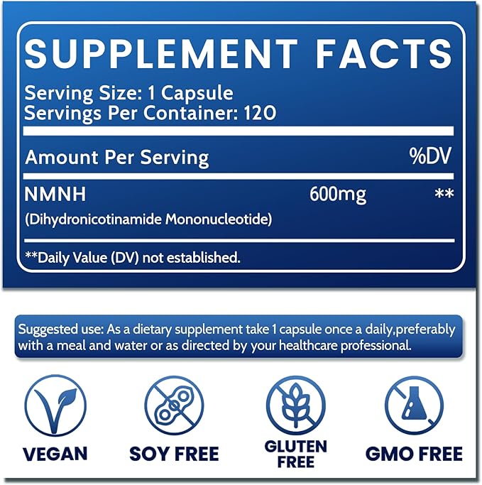 Pure NMNH(NMN Supplement Alternative)(Dihydronicotinamide Mononucleotide)for Women with Skin Aging 600mg: NAD Supplement for Anti-Aging Breakthrough - Boost NAD+ levels Liposome Capsules 120 Servings