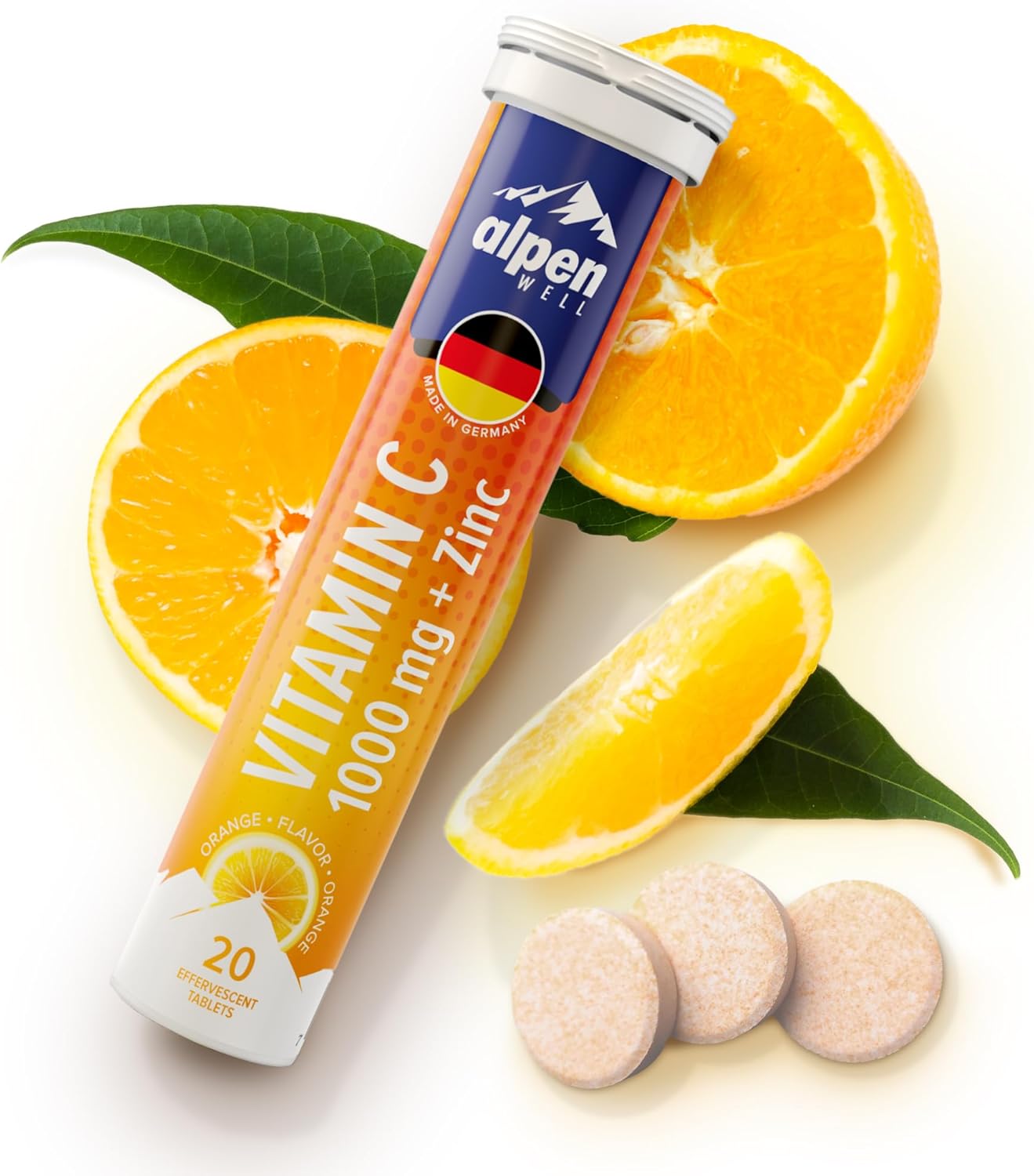 𝐁𝐞𝐬𝐭𝐬𝐞𝐥𝐥𝐞𝐫 - AlpenWell Vitamin C - 1000mg + Zinc - Immune Support - 20 Effervescent Vitamin Drink Tablets, No Sugar + Low Calorie Supplement, Orange Flavor [Sugar Free]