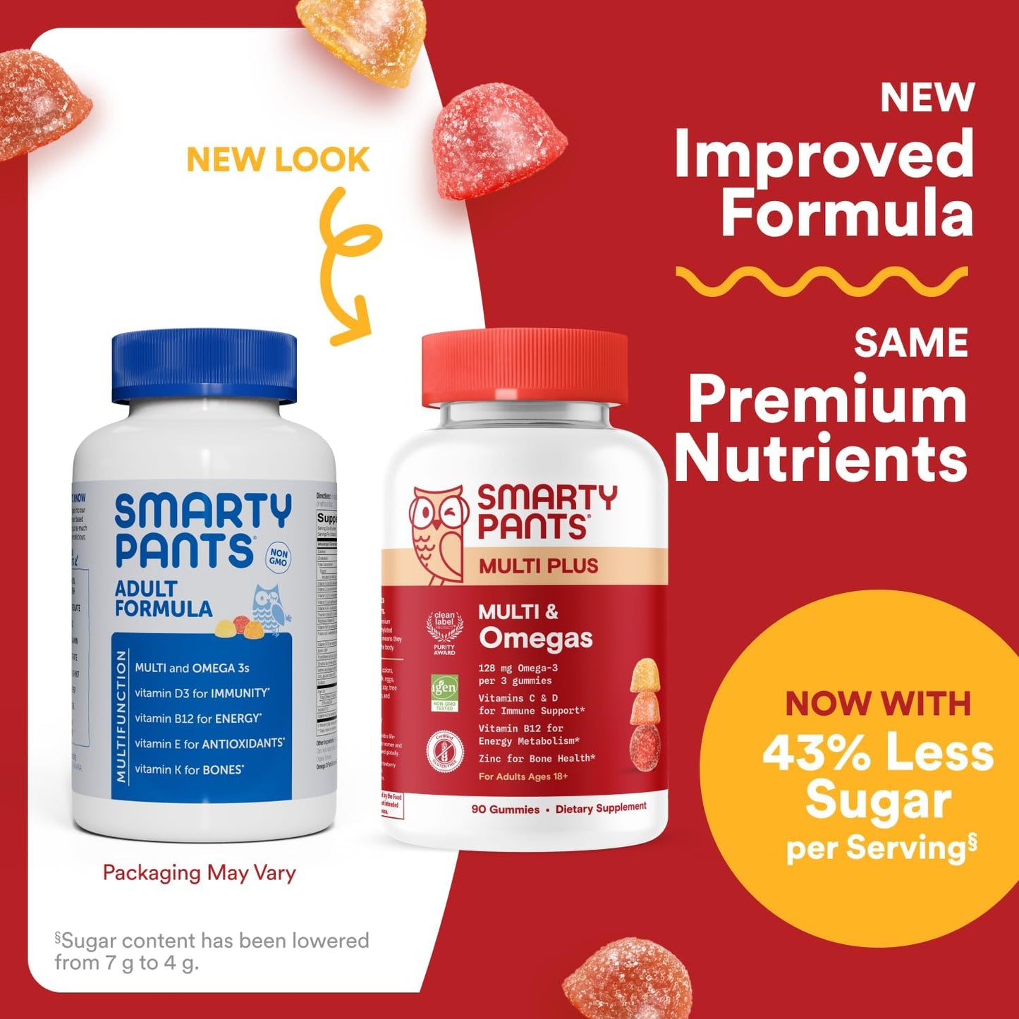 SmartyPants Multivitamin for Men & Women - Improved Formula: Multivitamin Gummies with Omega 3 (DHA/EPA), Vitamin D3, C, Vitamin B12, B6, A, K & Zinc, Biotin, Gluten Free, 90 Count (30 Day Supply)