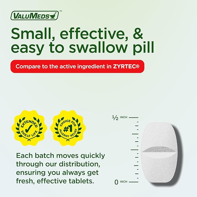 ValuMeds 24-Hour Allergy Medicine Antihistamine for Pollen, Hay Fever, Dry, Itchy Eyes, Allergies | Cetirizine HCl 10mg Caplets, Compare to Leading Brand (300 Count)