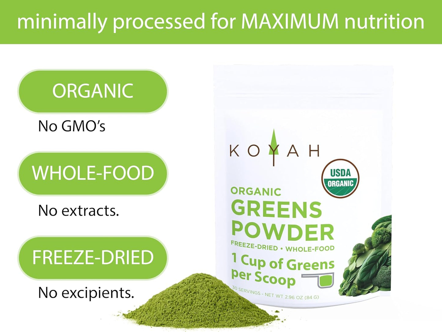 KOYAH - Organic Greens Blend Powder (Equivalent to 30 Cups Fresh Greens): Freeze-Dried, Whole-Vegetable
