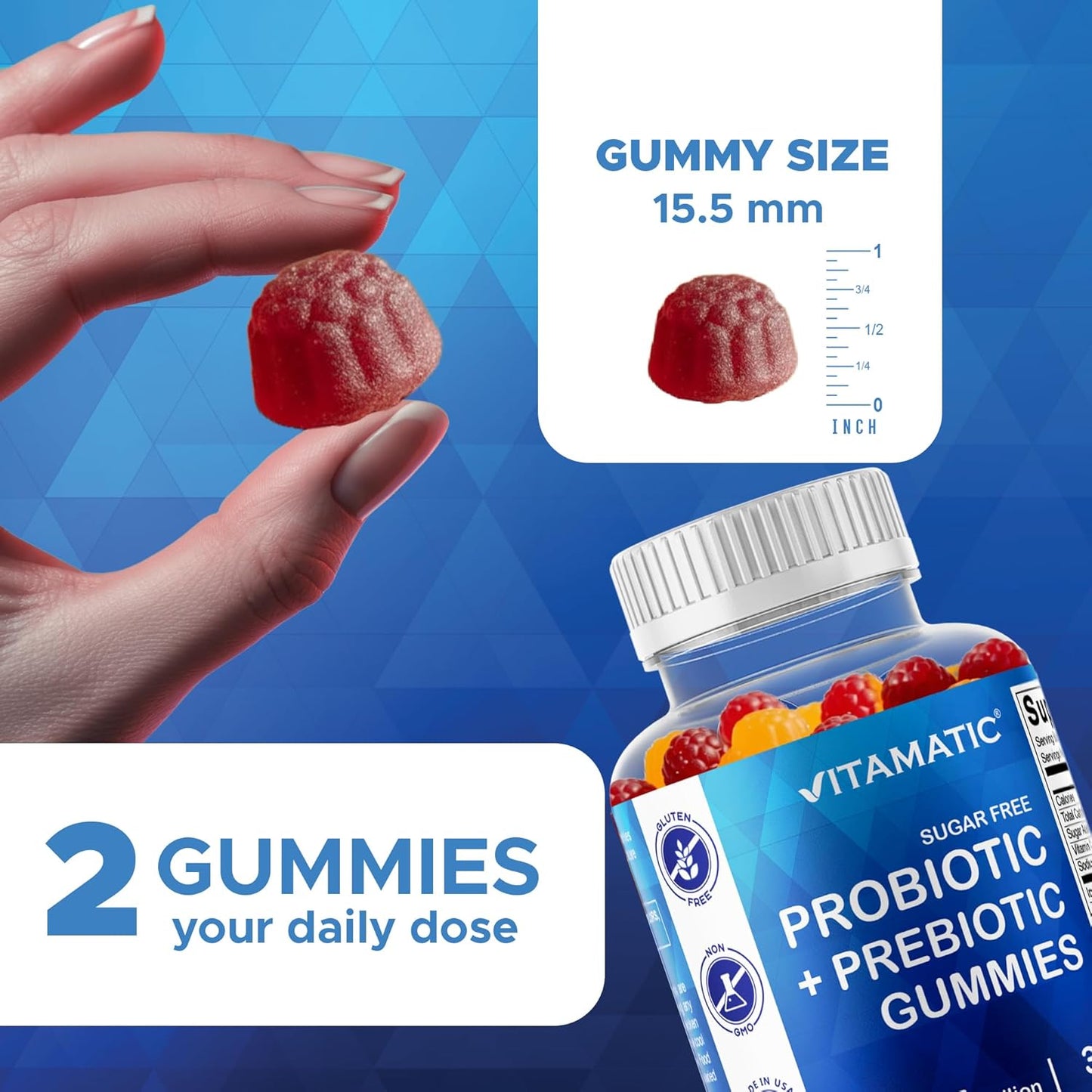 Vitamatic Sugar Free Probiotic Gummies for Men and Women – 5 Billion CFUs - 60Gummies per Bottle | 2 Pack (120 Gummies) Digestive, Immune & Gut Health Support – Gluten Free