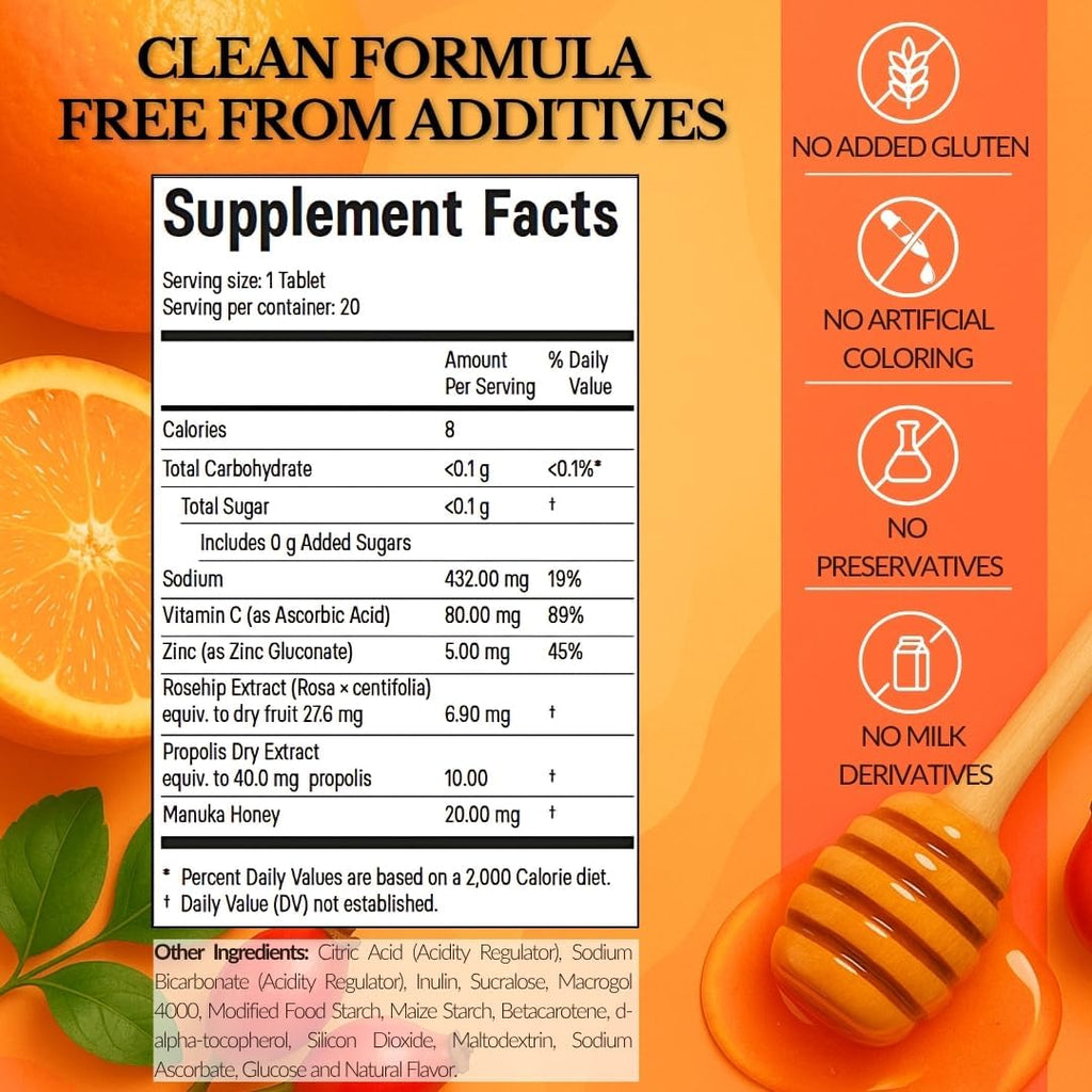 5 in 1 Immunity Plus – Immune Support & Antioxidant Supplement – Vitamin C, Zinc, Manuka Honey, Rosehip & Propolis – Natural Zesty Orange Flavor – 20 Day Supply Effervescent Tablets