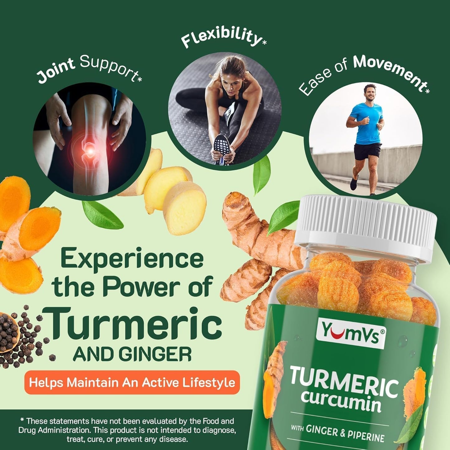 YumV's Turmeric Gummies with Ginger and Piperine - Peach Flavored Gluten Free Vegetarian Turmeric Ginger Supplement with Black Pepper 60 Count (Pack of 2)