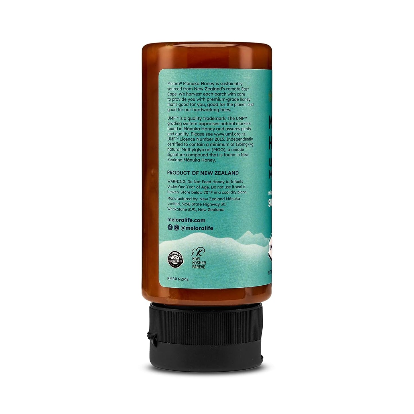 Melora Manuka Honey New Zealand Raw Honey | Pure, Unfiltered, Unpasteurized Honey | Organic Squeeze Bottle | UMF 8+ | MGO 185+ | 12 oz