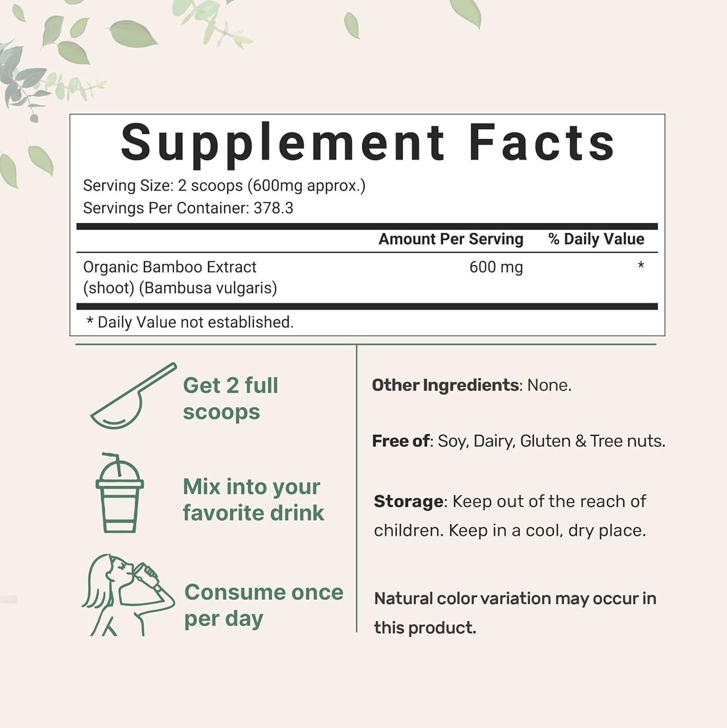 Micro Ingredients Organic Bamboo Extract Powder, 8 Ounce (1 Year Supply), Rich in Silica and Minerals, Supports Healthy Skin, Nail, Hair, Joints and Bones, Non-GMO and Vegan Friendly