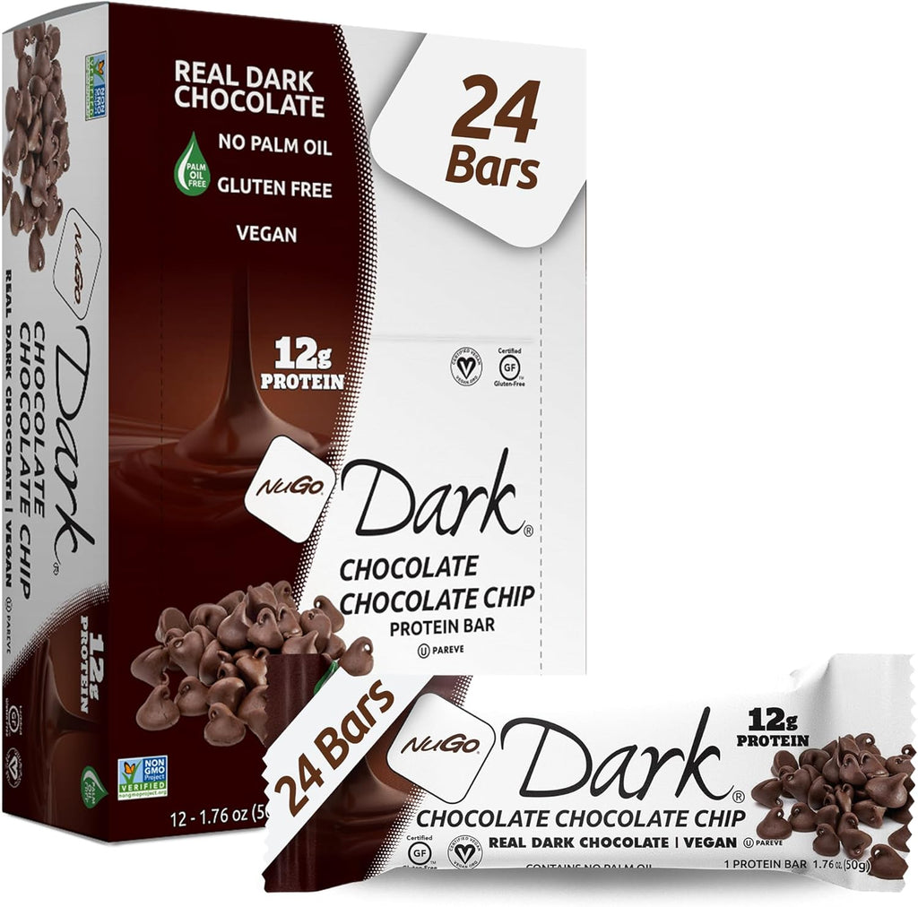 NuGo Dark Chocolate Chip, 12g Protein Bar, Vegan, Gluten Free, Non-GMO, Kosher Pareve, 24 Count