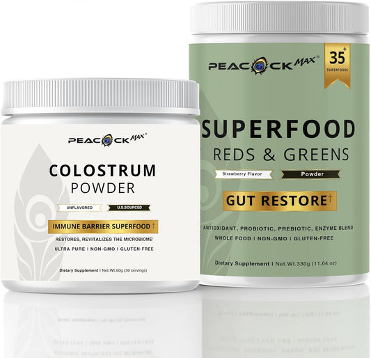 Superfood Reds & Greens 11.64 oz & Colostrum Powder 60g - Daily Superfood Drink Mix with Prebiotics, Probiotics & Enzymes, Nutrient Rich Blend for Gut Balance & Overall Wellness