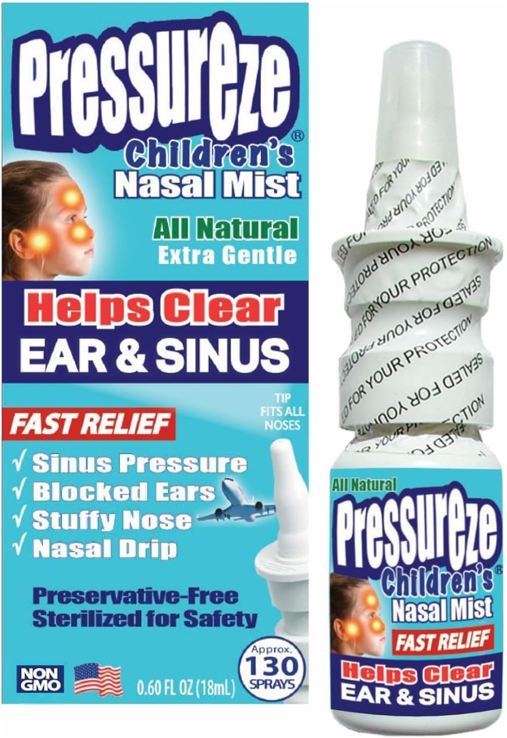 Pressureze All Natural Preservative-Free Sterile Nasal Spray for Children - Fast Relief Nasal Spray - for Sinus Allergies & Congestion |130 Sprays, 18 ml (Pack of 3)