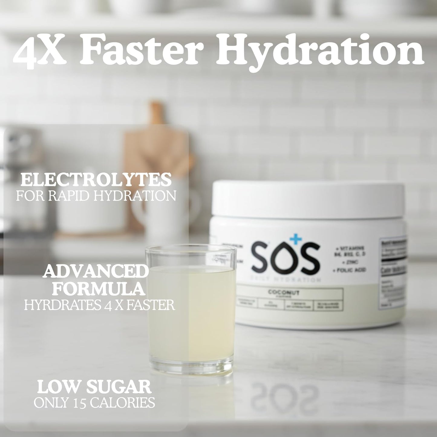 SOS Hydration Electrolyte Powder Drink Mix – Coconut, 31 Servings | Low Sugar Electrolytes, 15 Cal | Keto Hydration Powder for Rapid Rehydration