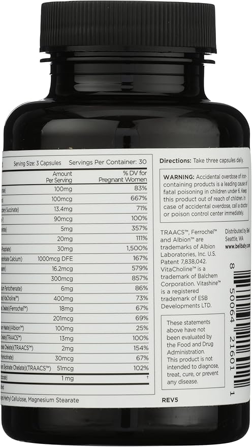 Beli Women Prenatal Multivitamin, for All Stages of Pregnancy, 400mg Choline, Folate, Vitamin D. Supports Egg Quality and Fertility, Gluten & Allergen Free, 90 Vegan Capsules (30-Day Supply)