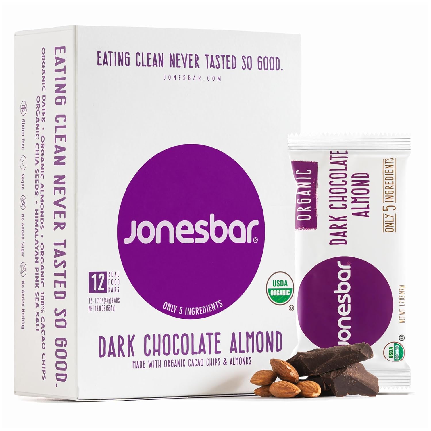 JONESBAR Organic Plant Based Protein Bars | Dark Chocolate Almond | Fruit & Nut Bar, Kosher, Gluten Free, Breakfast Bars, School Snacks, Vegan Snack & Healthy Snacks for Adults and Kids (Pack of 12)