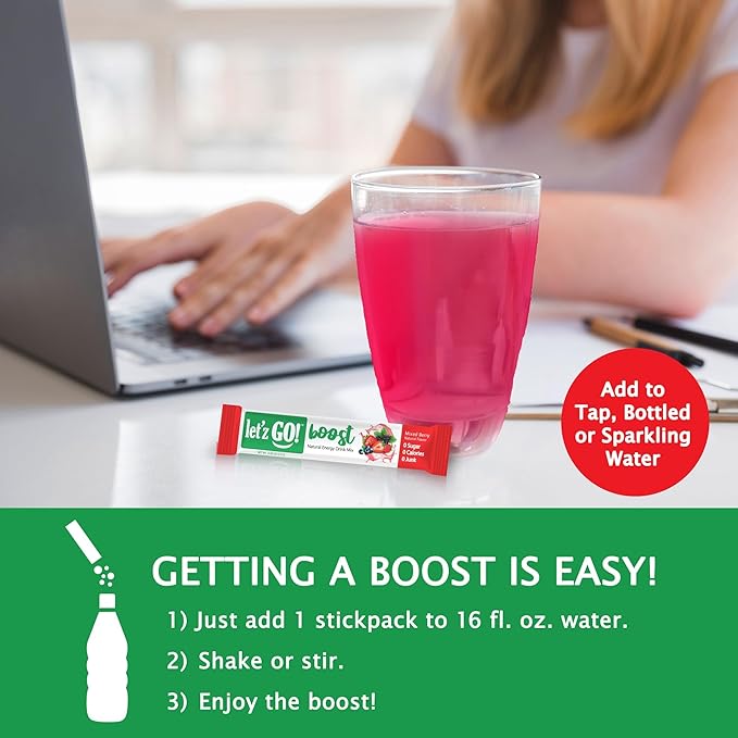 Let'z Go Clean Energy Drink Mix – Natural Caffeine Packets, Vitamins C + D, Electrolytes, Sugar-Free, Zero Calories | Anytime Energy | 15 Count (Mixed Berry)