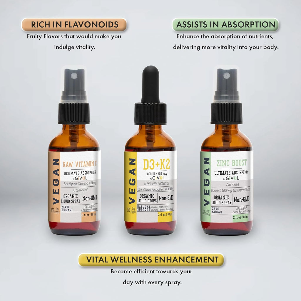 Immunity Support Pack - Raw Vitamin C, D3 & K2 Liquid, Zinc Picolinate - Premium Heart Health Vitamins w/Essential Minerals, Antioxidant Properties, & Cardiovascular Benefits - 180 Days Supply