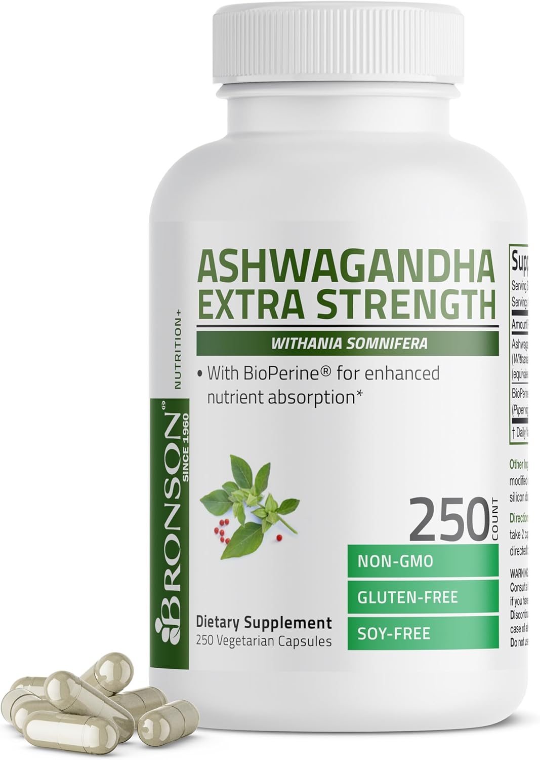 Bronson Ashwagandha Extra Strength Stress & Mood Support with BioPerine - Non GMO Formula, 250 Vegetarian Capsules
