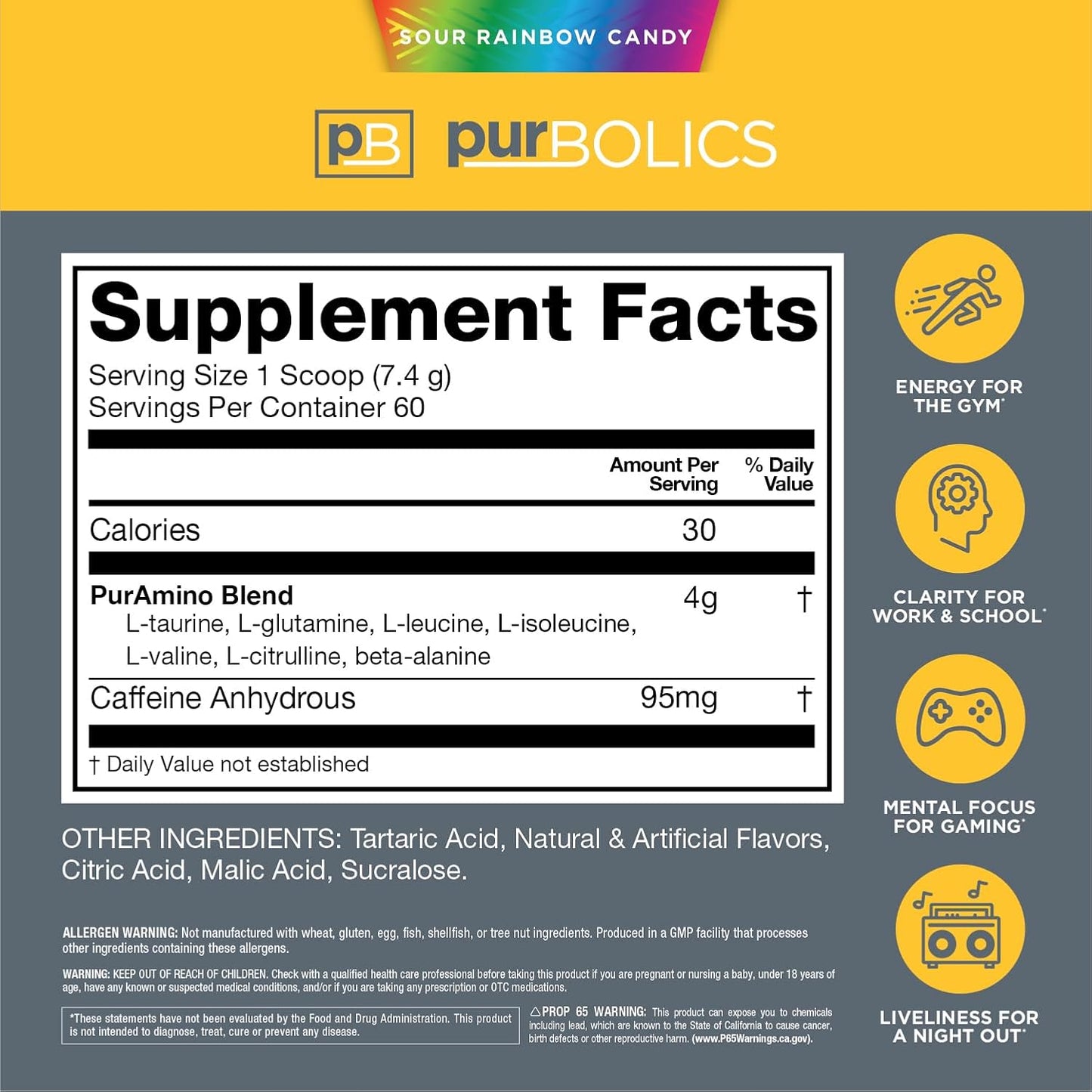 Purbolics Aminos + Energy | Supports Recovery, Energy & Focus | 95mg of Caffeine, 0 Sugar & 60 Servings (Sour Rainbow Candy)