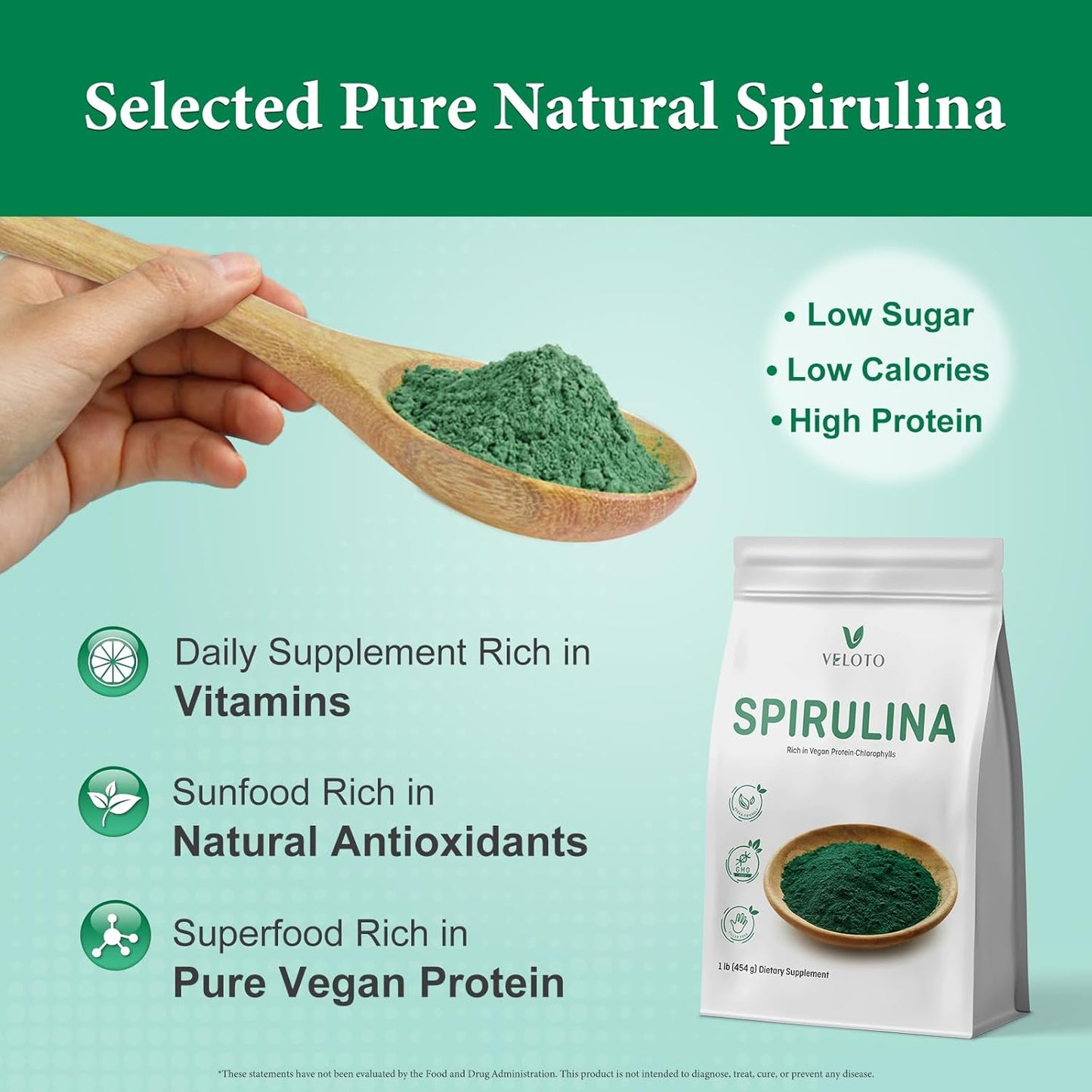 Spirulina Powder, Spirulina Superfood Powder, Natural Antioxidants & Vitamins Supplement, Pure Vegan Protein for Immune Support, Non-GMO. Gluten-Free, 1 Pound (16 Ounce)