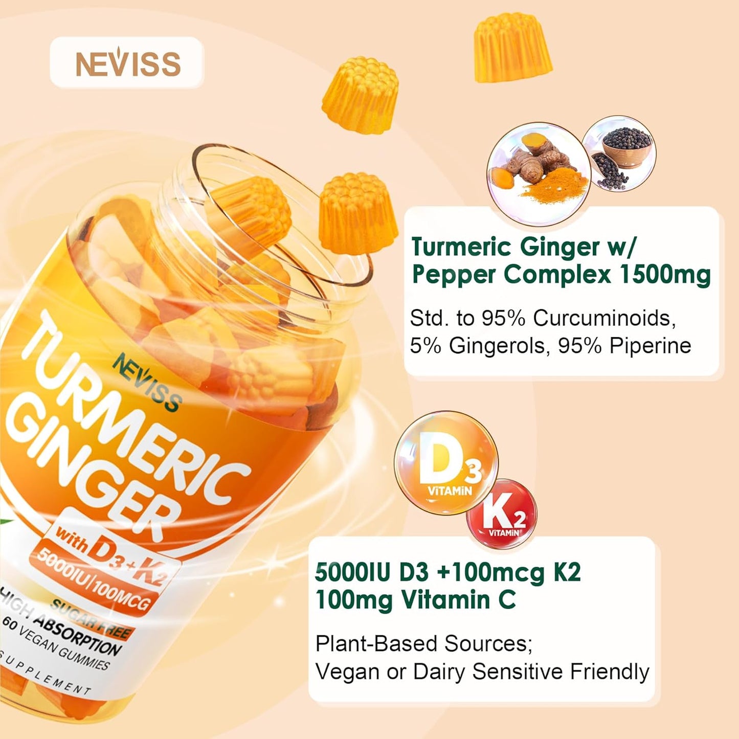 Sugar Free Turmeric Ginger Gummies with 5000 IU Vitamin D3 & K2 (MK7), C - Vegan Turmeric Supplement Gummies for Adults 1500mg with Black Pepper, Supports Bone, Immune & Digestive Health - 120 Cts