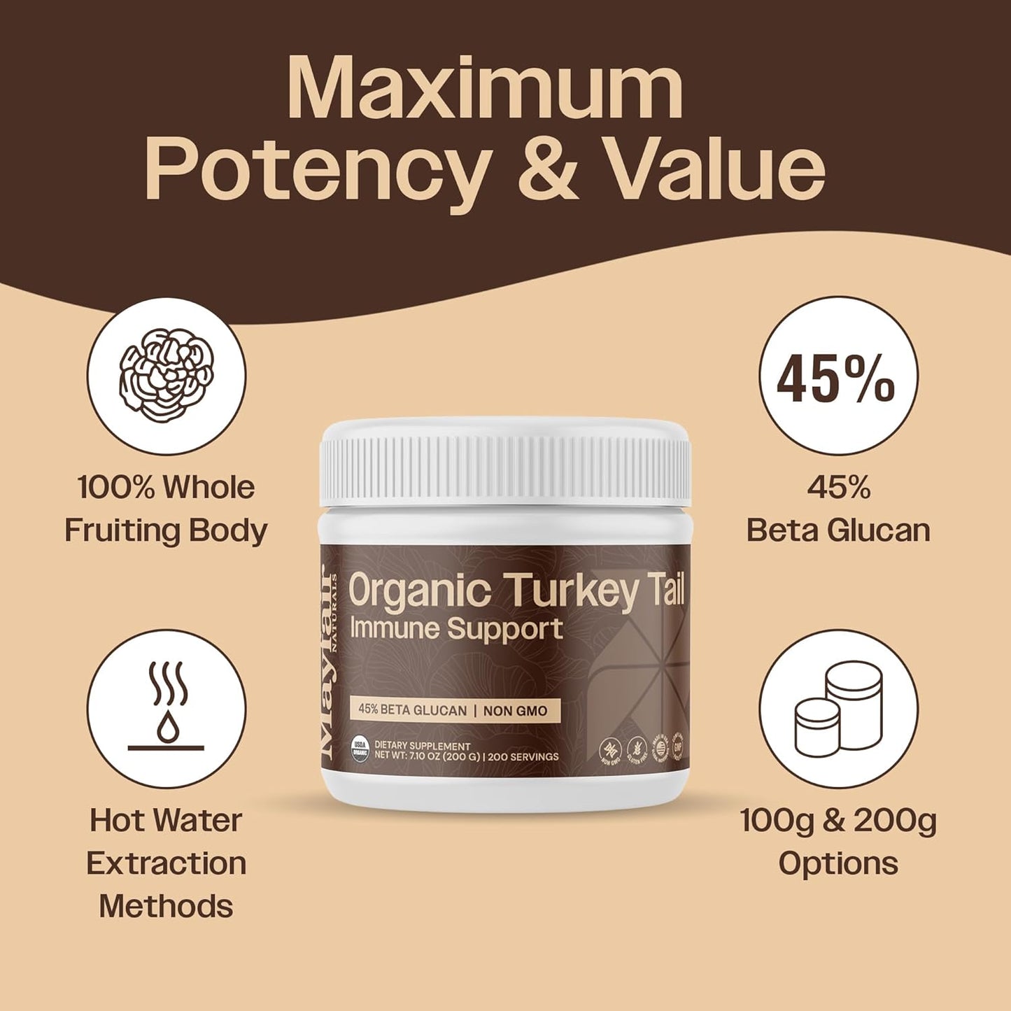 Turkey Tail Mushroom Powder - Organic Mushroom Powder For Immune Support Digestive Health & Immune Response Support Supplement - Hot Water Extracted, 45% Beta-Glucans - 3.05 oz (100 Servings)