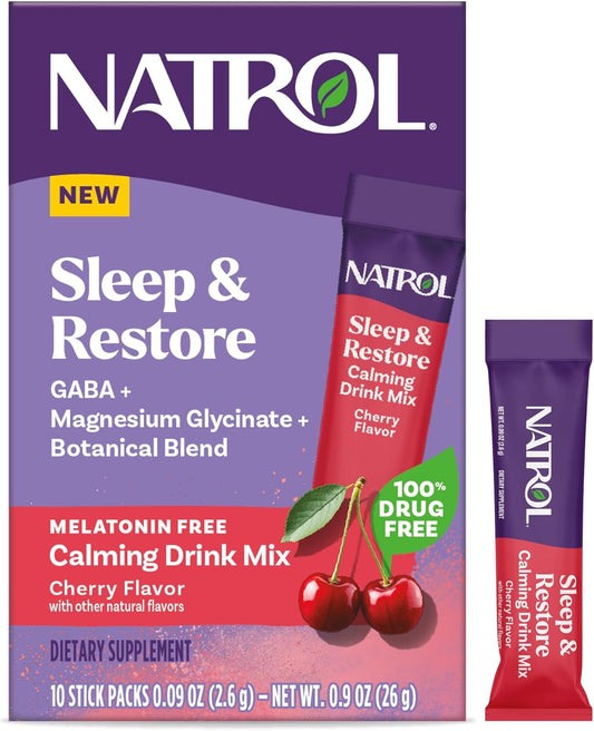 Natrol Sleep & Restore Calming Drink Mix with Magnesium Glycinate, Magnesium Sleep Aid, Melatonin-Free, Cherry, 10 Stick Packs