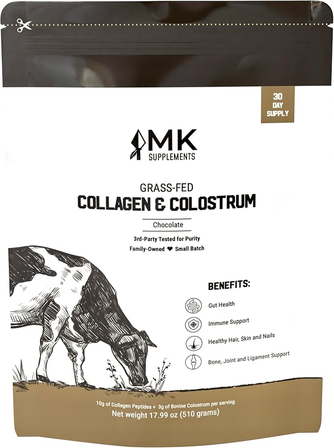 MK Supplements Collagen & Colostrum – Grass-Fed Collagen Peptides & Colostrum Powder for Hair, Nail, Skin, Bone & Joint Health, Chocolate Flavor + Monk Fruit