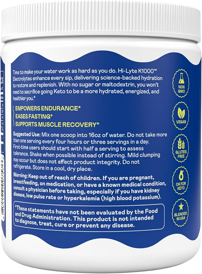 Hi-Lyte Keto K1000 Unflavored Electrolyte Powder | Hydration Supplement Drink Mix | Boost Energy & Beat Leg Cramps | No Sugar, Stevia, Maltodextrin | 120 Servings