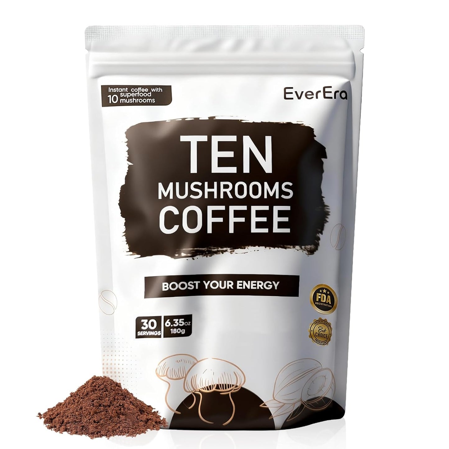 Organic Mushroom Coffee, 10-in-1 Blend Featuring Lions Mane, Cordyceps, Ginseng, and more. This Instant Coffee Boosts Energy, Digestion, and Immunity. Everyday Coffee Dose, 30 Servings