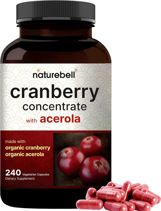 Naturebell Cranberry Pills 36,000mg with Acerola, 240 Veggie Capsules | 100:1 Fresh Cranberries Extract – Organic Ingredients – Supports Urinary Tract Health – Sugar-Free